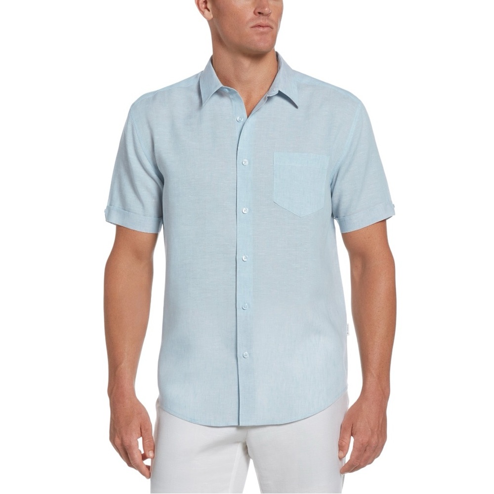 NWT Cubavera Men's Linen Blend One Pocket Short Sleeve Shirt in Cerulean Blue